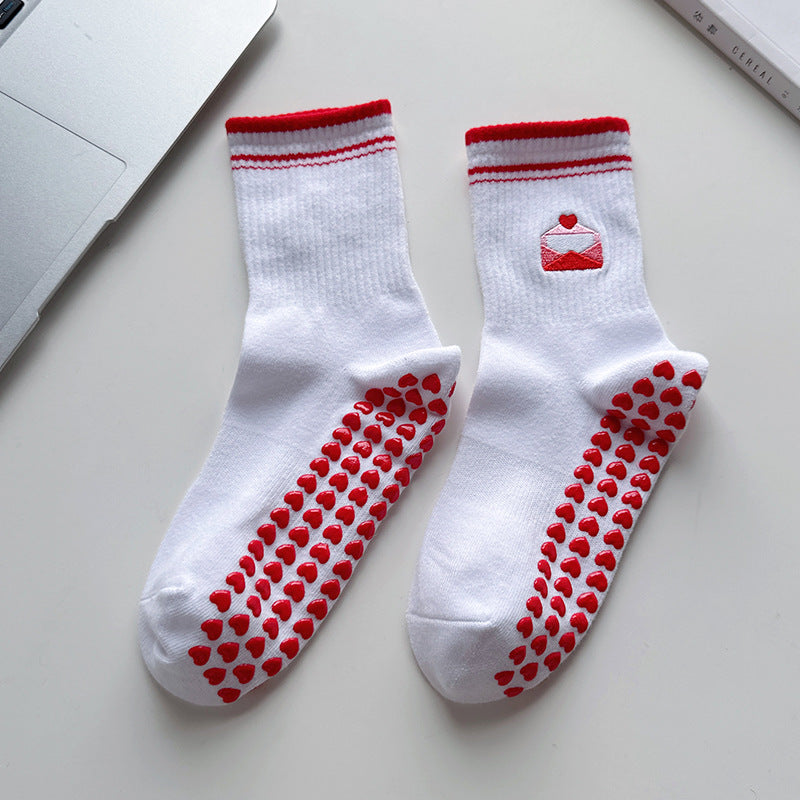 Heart Sole Embroidered Crew Grip Socks - Letter - 1