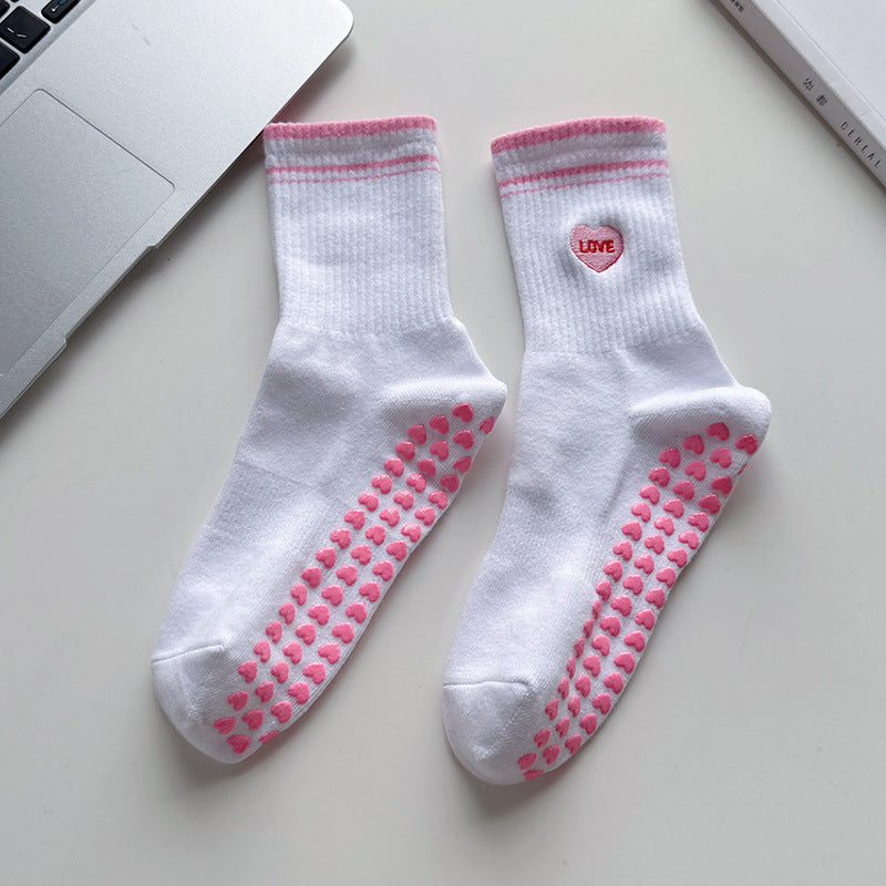 Heart Sole Embroidered Crew Grip Socks - Love