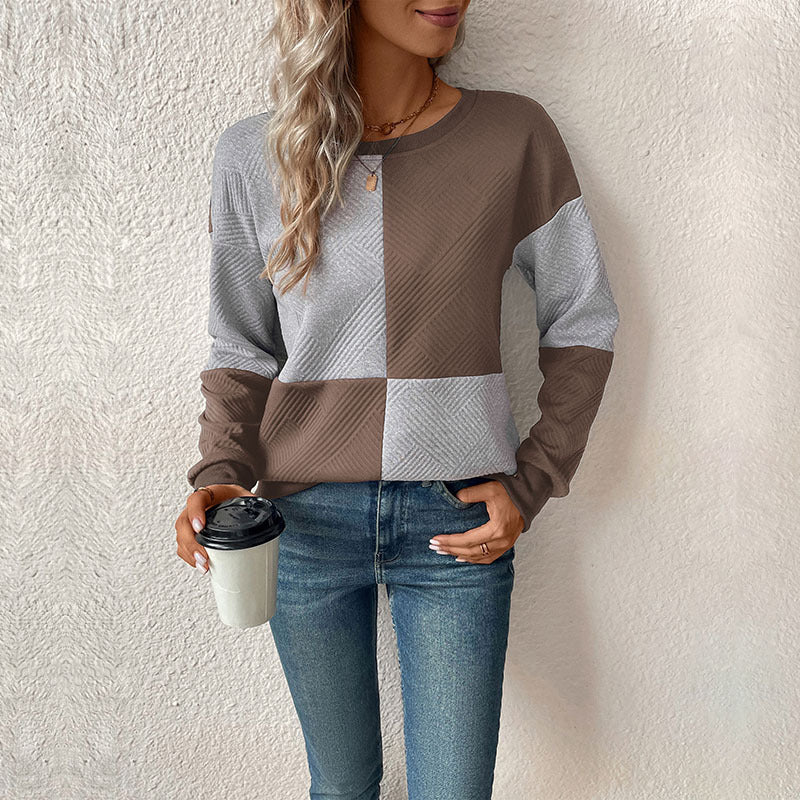 Quilted Texture Checkerboard Sweatshirt - Brown