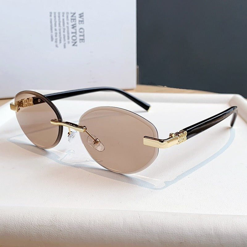 Y2K Rimless Oval Sunglasses With Gradient Lenses - Khaki