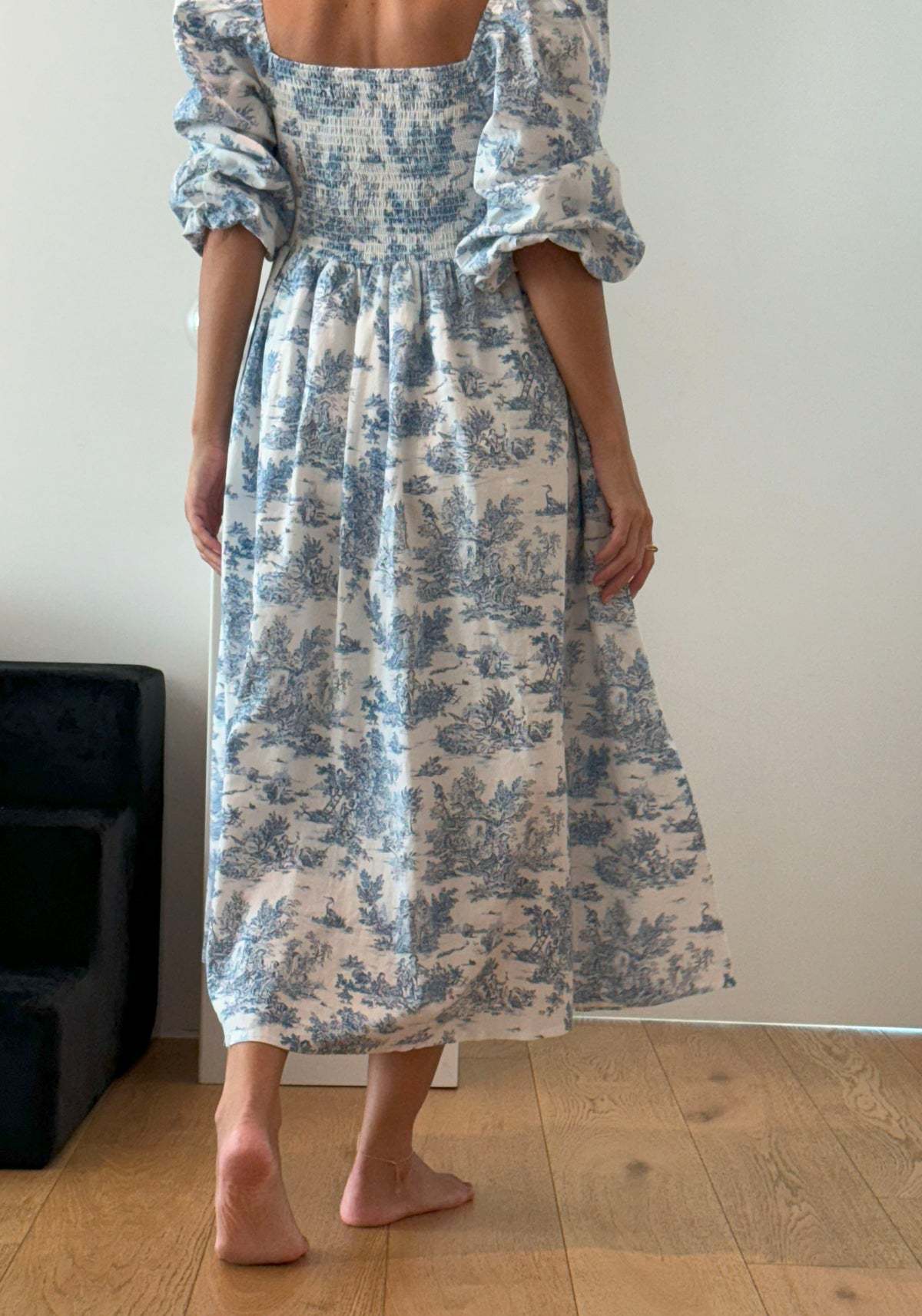 Toile Print Puff Sleeve Midi Dress - Blue