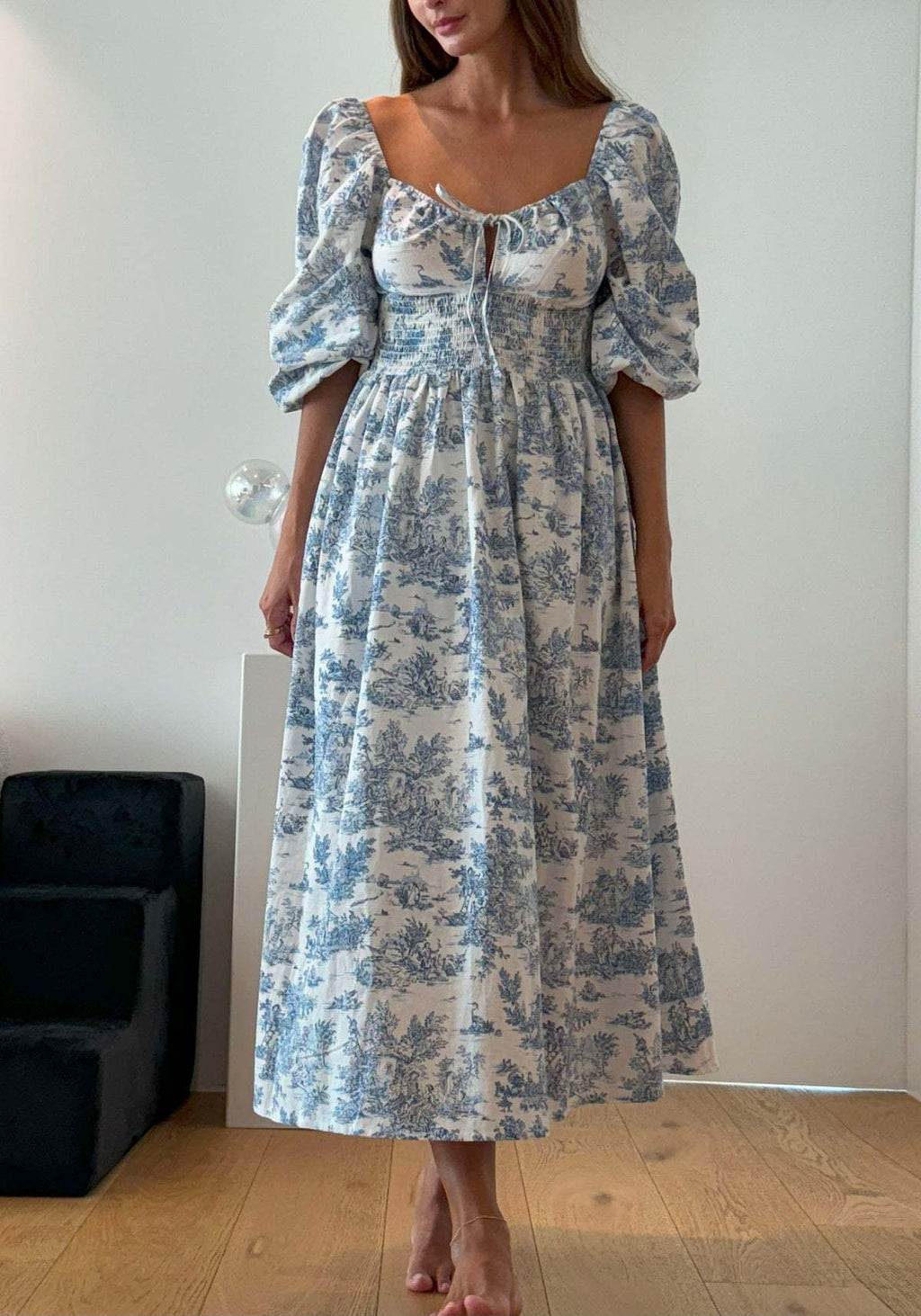 Toile Print Puff Sleeve Midi Dress - Blue - 1