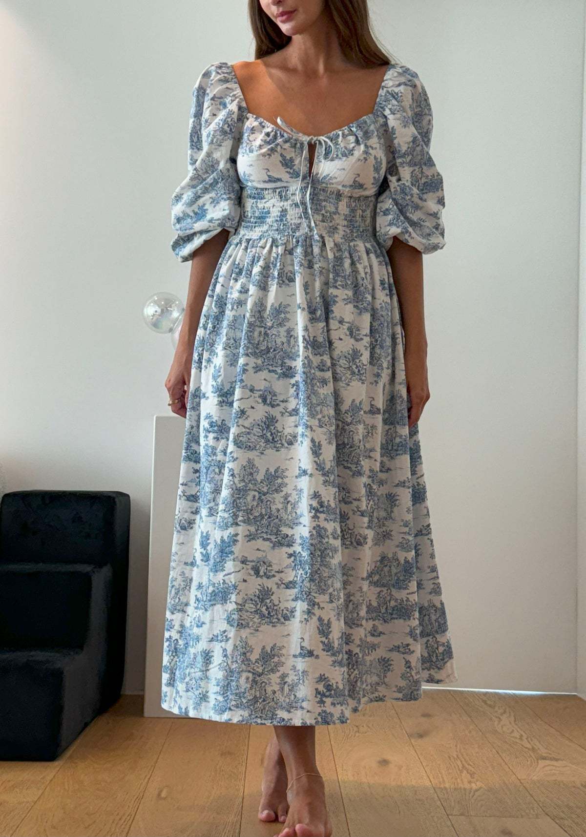 Toile Print Puff Sleeve Midi Dress - Blue - 1