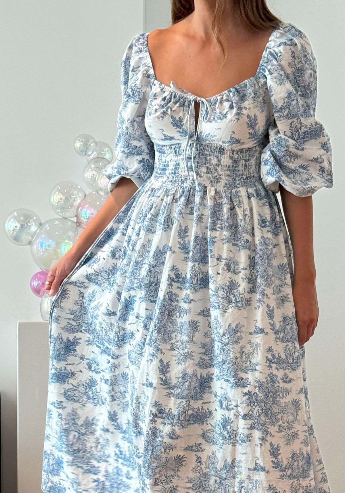 Toile Print Puff Sleeve Midi Dress - Blue - 2