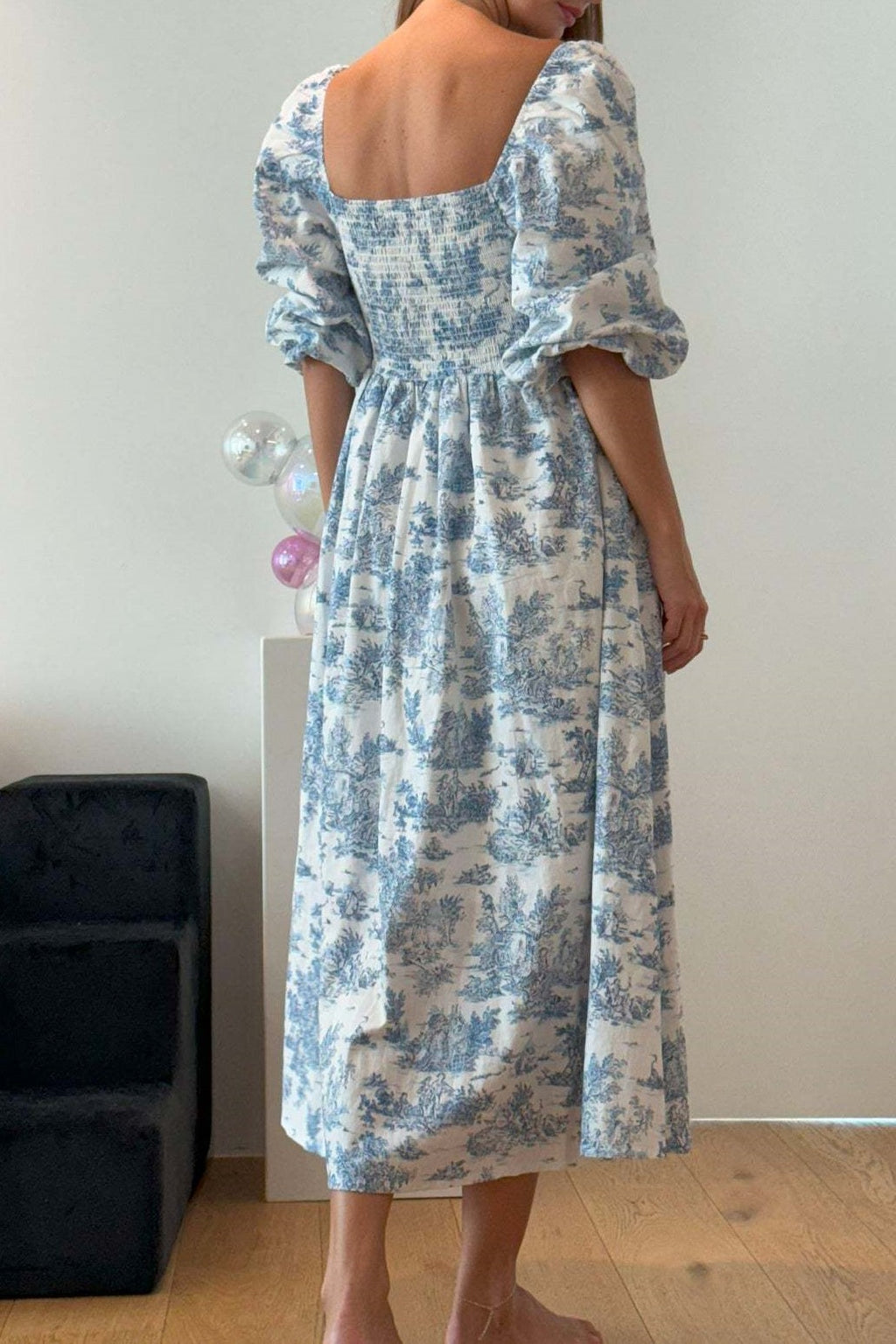 Toile Print Puff Sleeve Midi Dress - Blue - 3