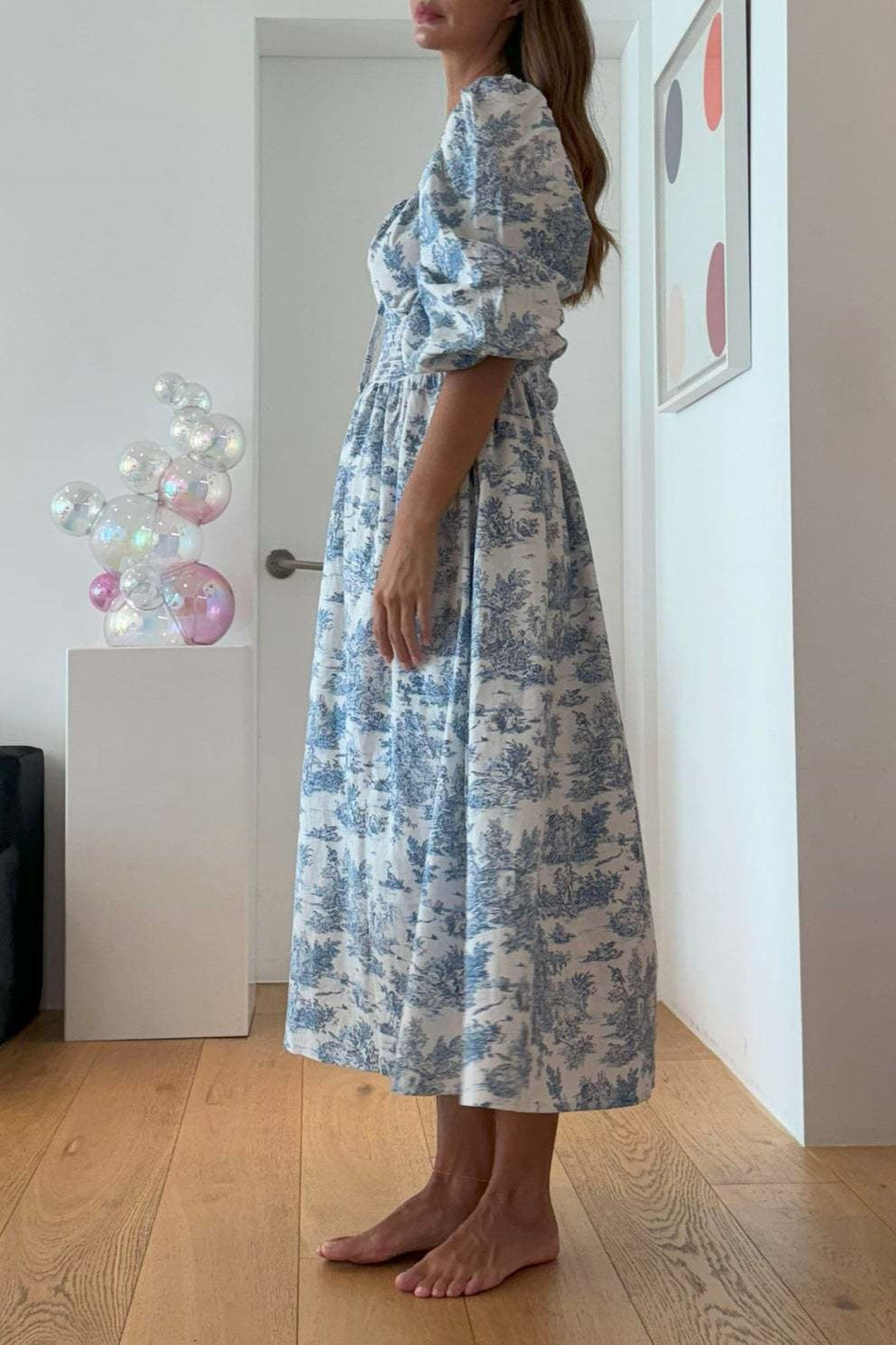 Toile Print Puff Sleeve Midi Dress - Blue - 4
