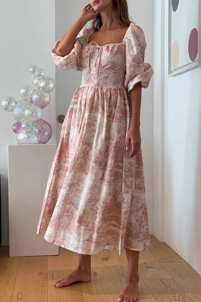 Toile Print Puff Sleeve Midi Dress - Red