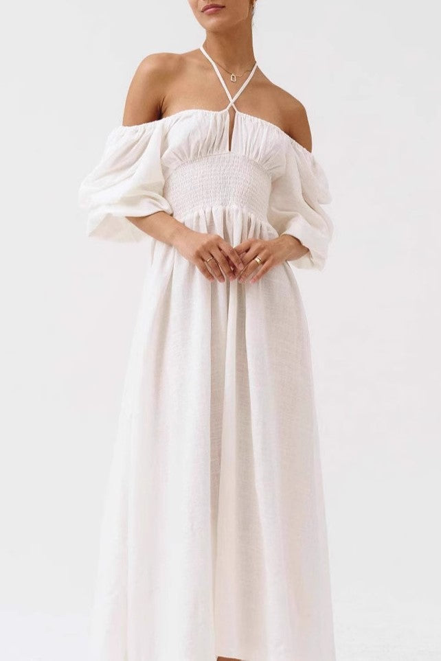 Toile Print Puff Sleeve Midi Dress - white