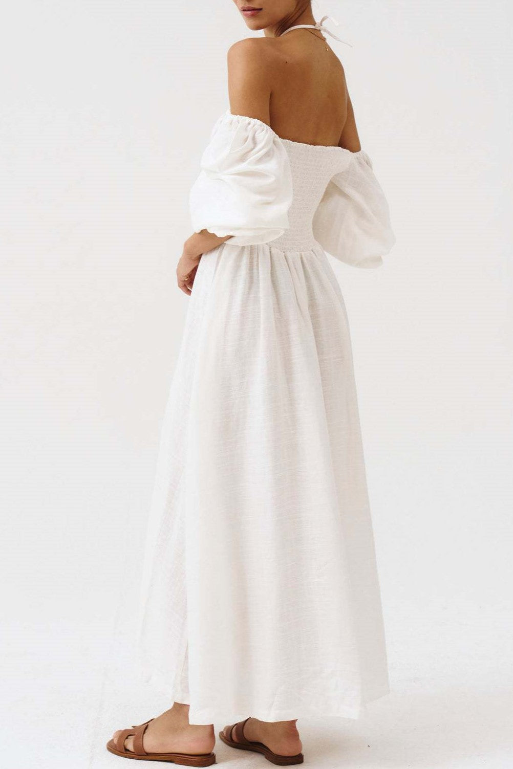 Toile Print Puff Sleeve Midi Dress - white - 4