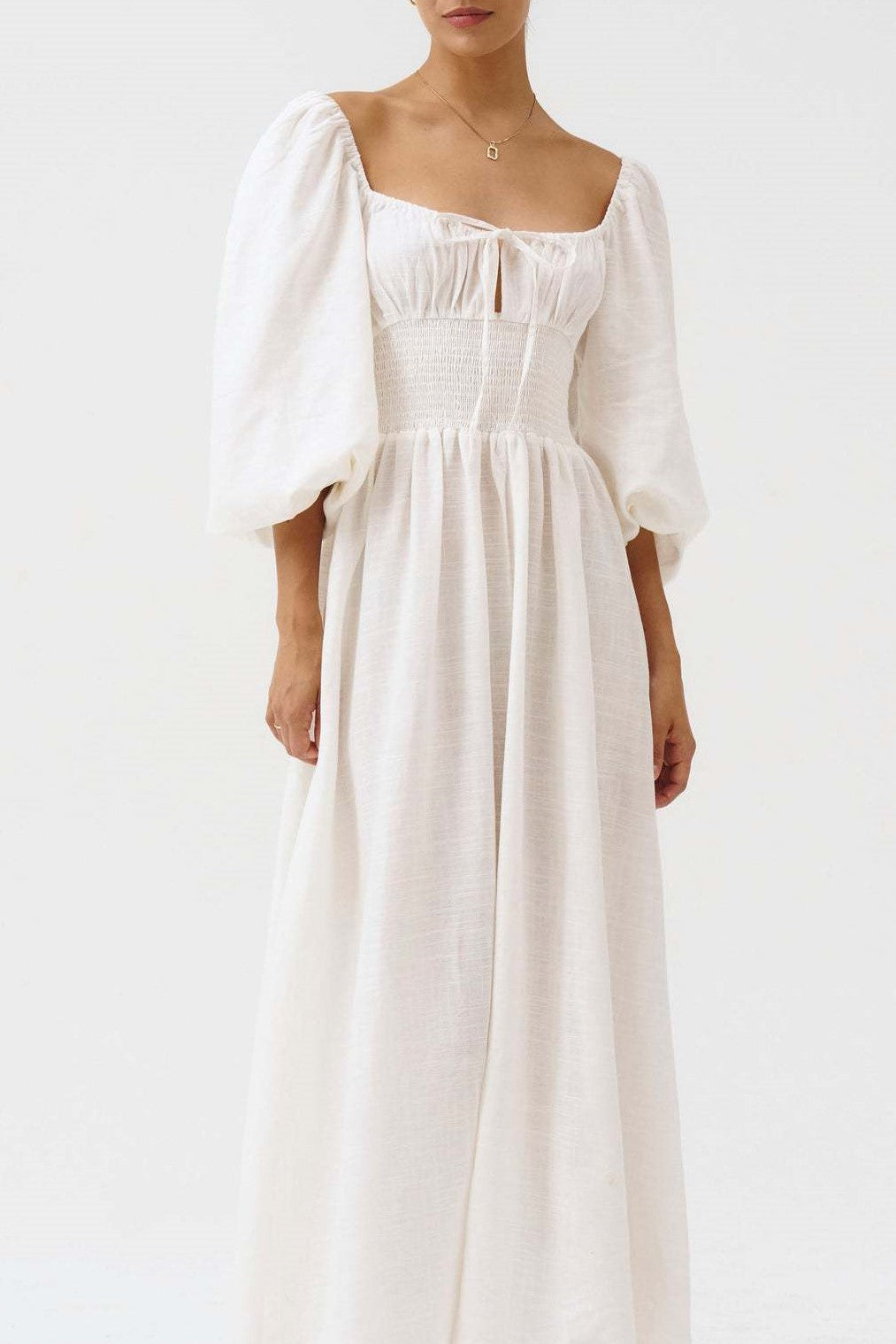 Toile Print Puff Sleeve Midi Dress - white - 5