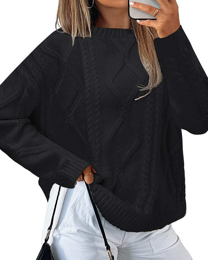 Cable Textured Crew Neck Drop Shoulder Sweater - Black