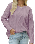 Cable Textured Crew Neck Drop Shoulder Sweater - Purple