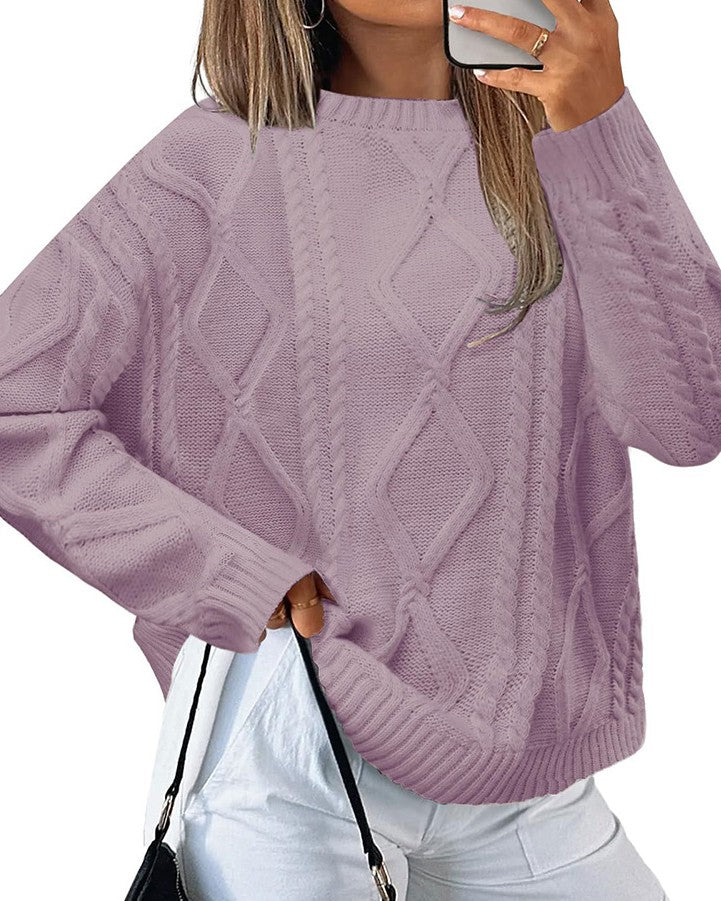 Cable Textured Crew Neck Drop Shoulder Sweater - Purple - 1