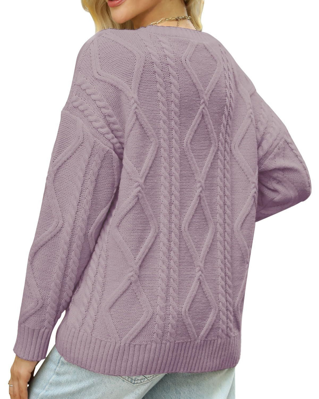 Cable Textured Crew Neck Drop Shoulder Sweater - Purple - 2