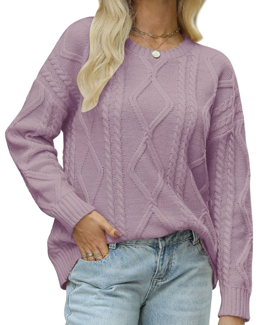 Cable Textured Crew Neck Drop Shoulder Sweater
