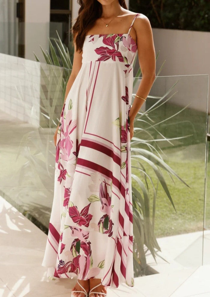 Tropical Floral Print Strappy Maxi Dress - Purple