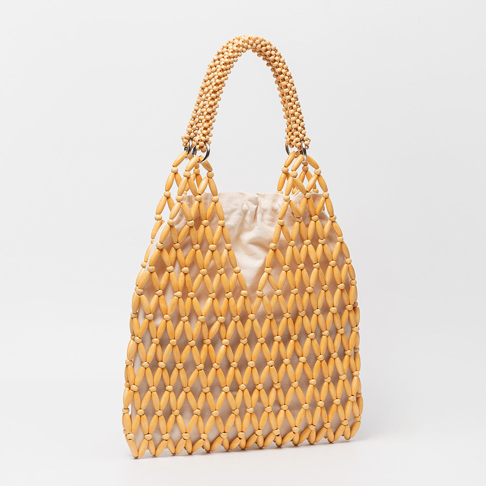 Woven Bead Net Tote With Drawstring Pouch - Khaki