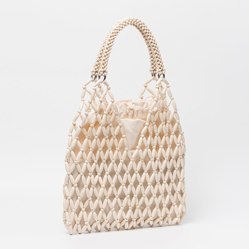 Woven Bead Net Tote With Drawstring Pouch - White