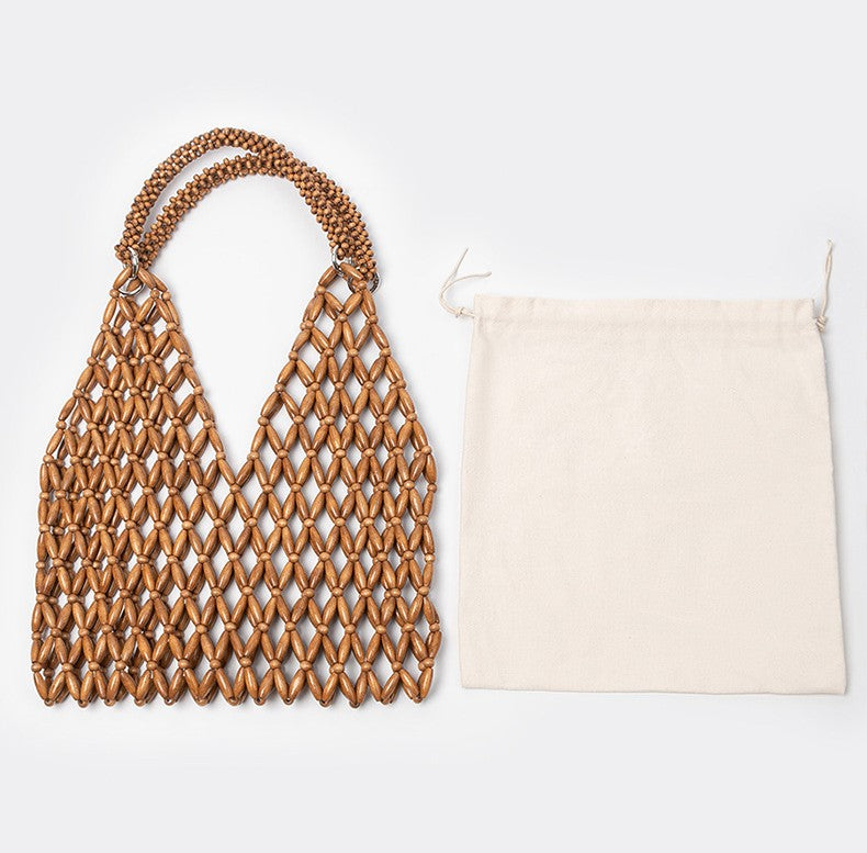 Woven Bead Net Tote With Drawstring Pouch