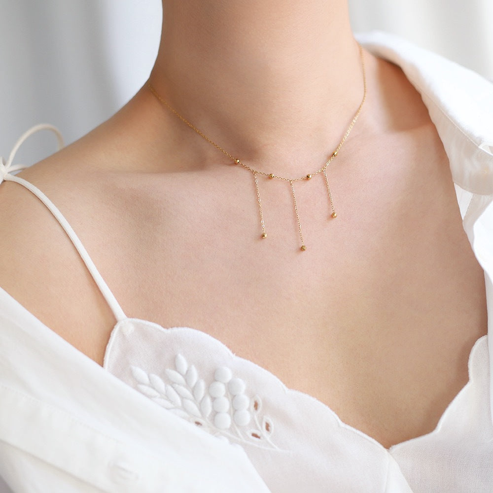 Layered Bead Drop Tassel Chain Necklace - Gold - 1