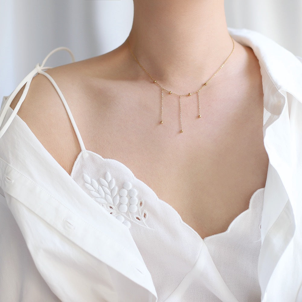 Layered Bead Drop Tassel Chain Necklace - Gold - 2