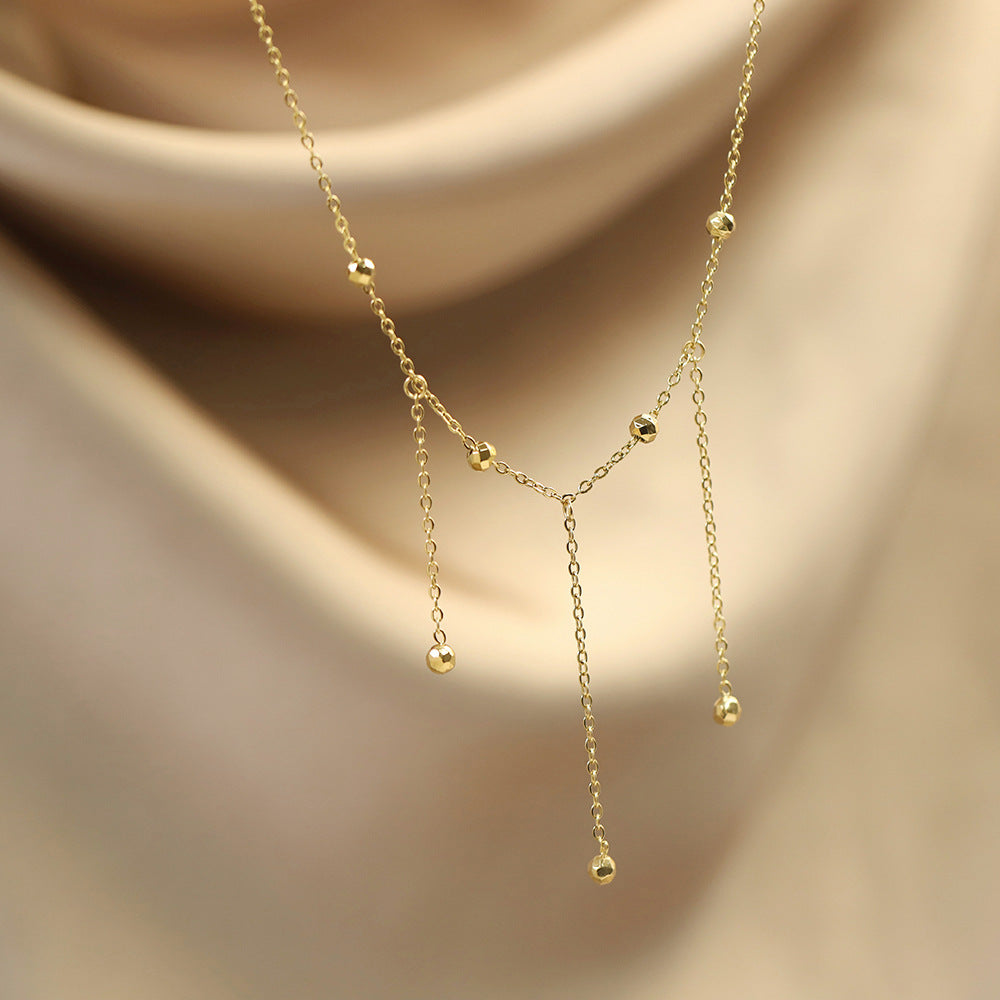 Layered Bead Drop Tassel Chain Necklace - Gold - 5