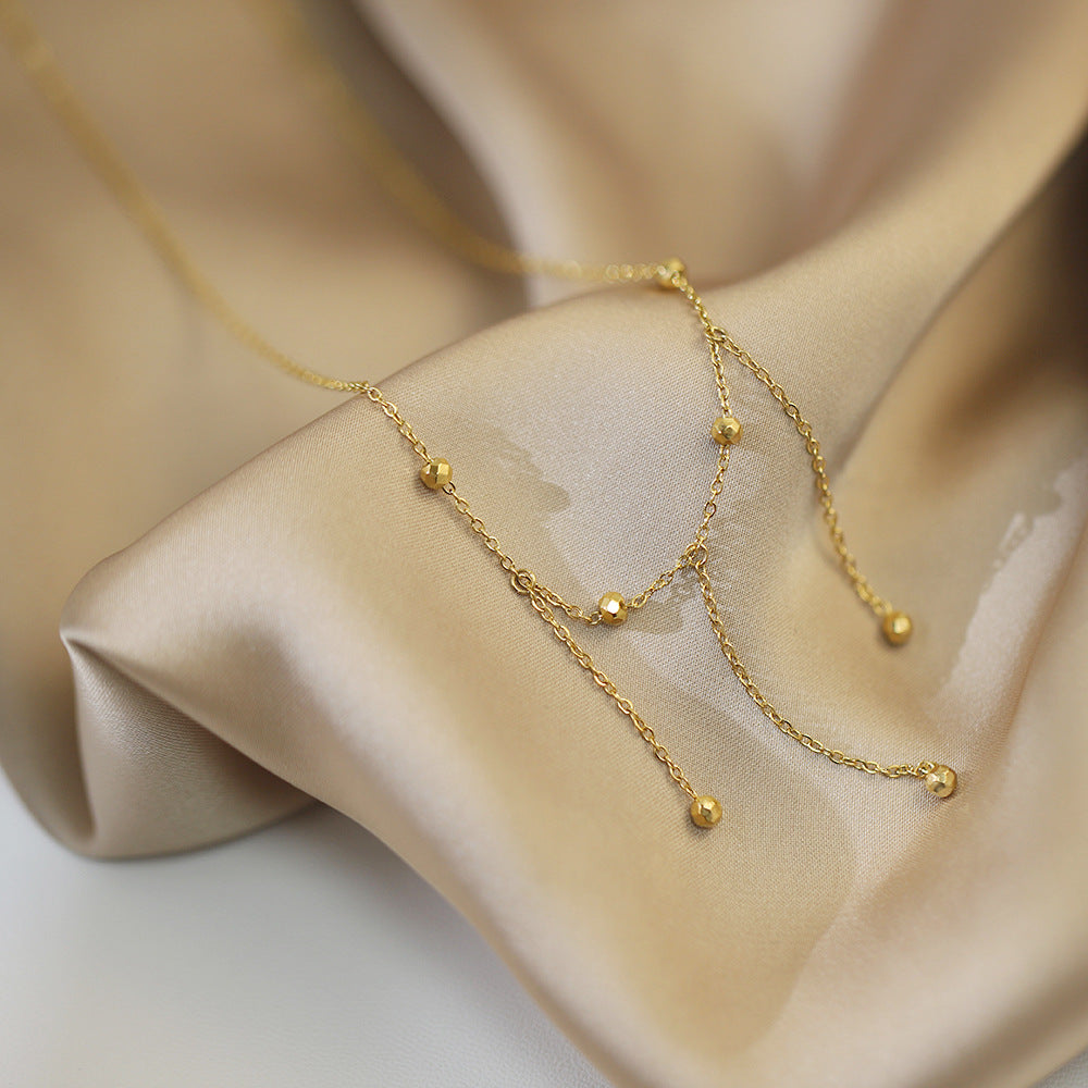 Layered Bead Drop Tassel Chain Necklace - Gold - 6