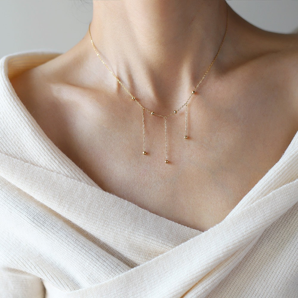 Layered Bead Drop Tassel Chain Necklace - Gold - 8