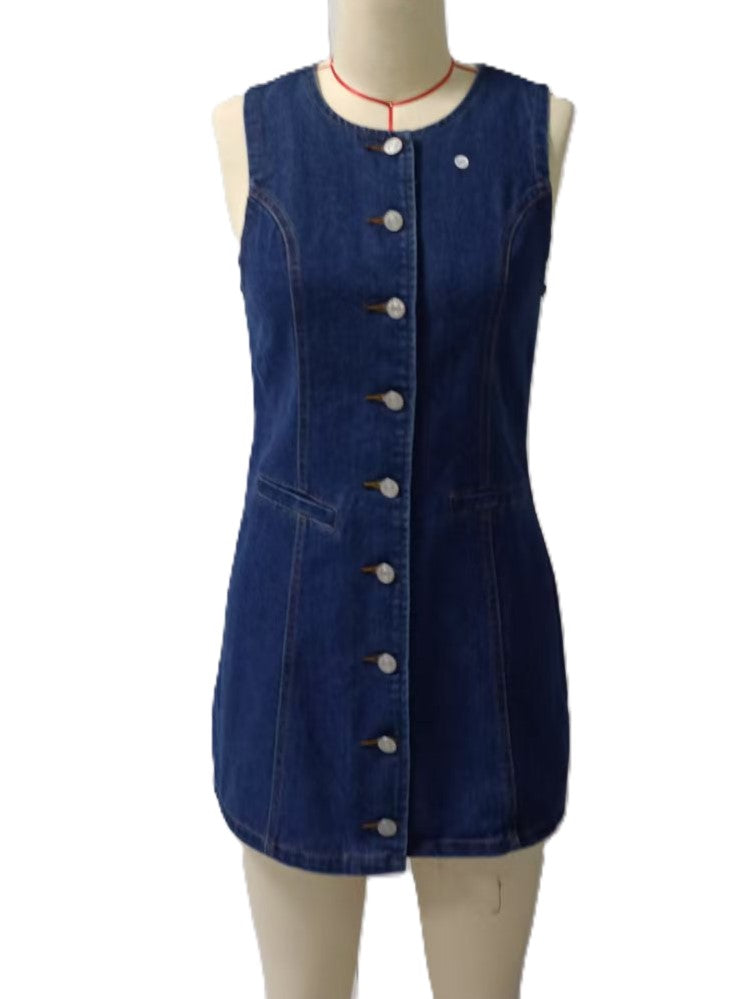 Seamed Button Through Denim Mini Dress - Blue - 1