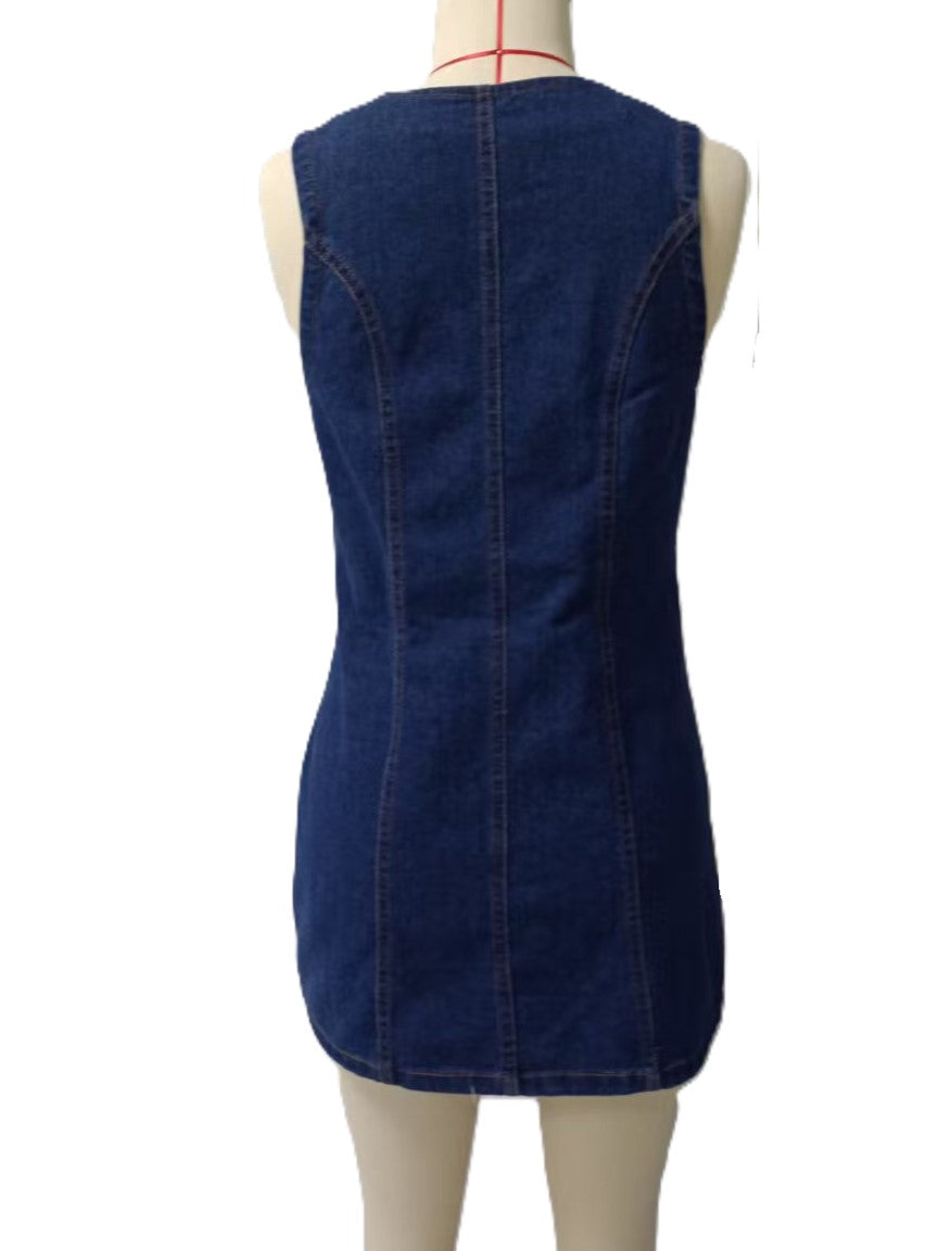 Seamed Button Through Denim Mini Dress - Blue - 2