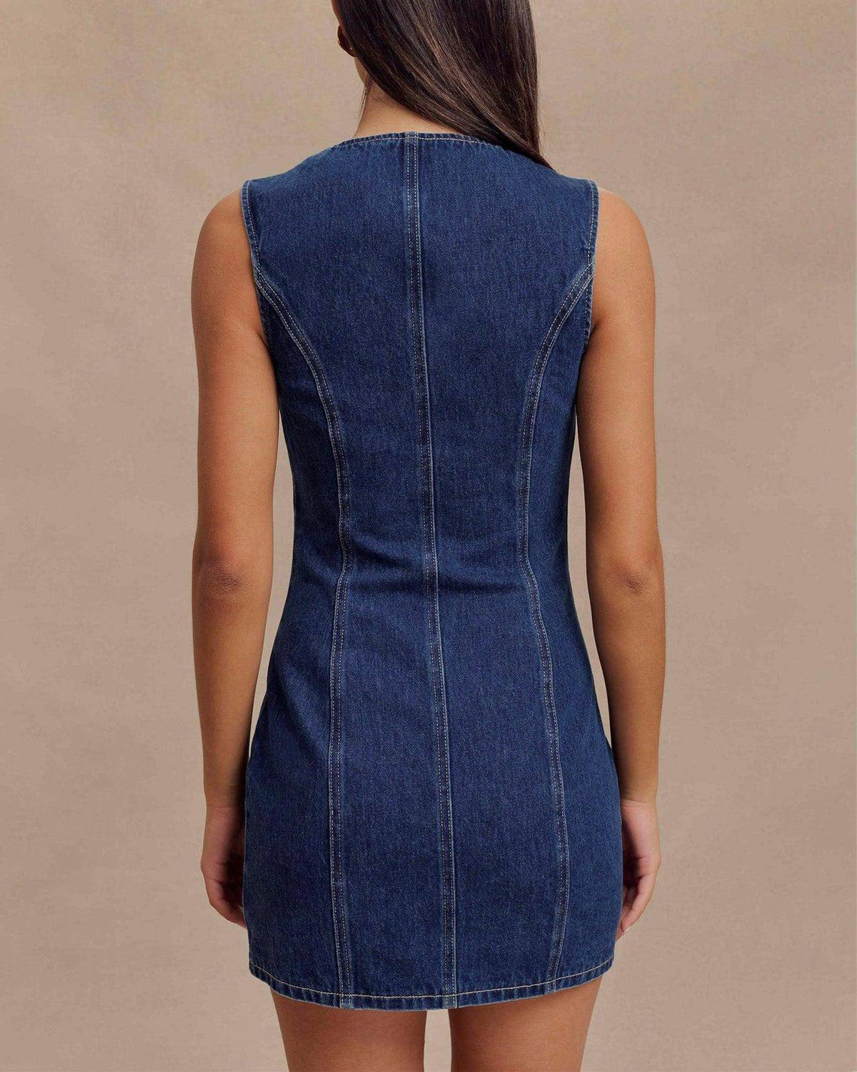 Seamed Button Through Denim Mini Dress - Blue - 3