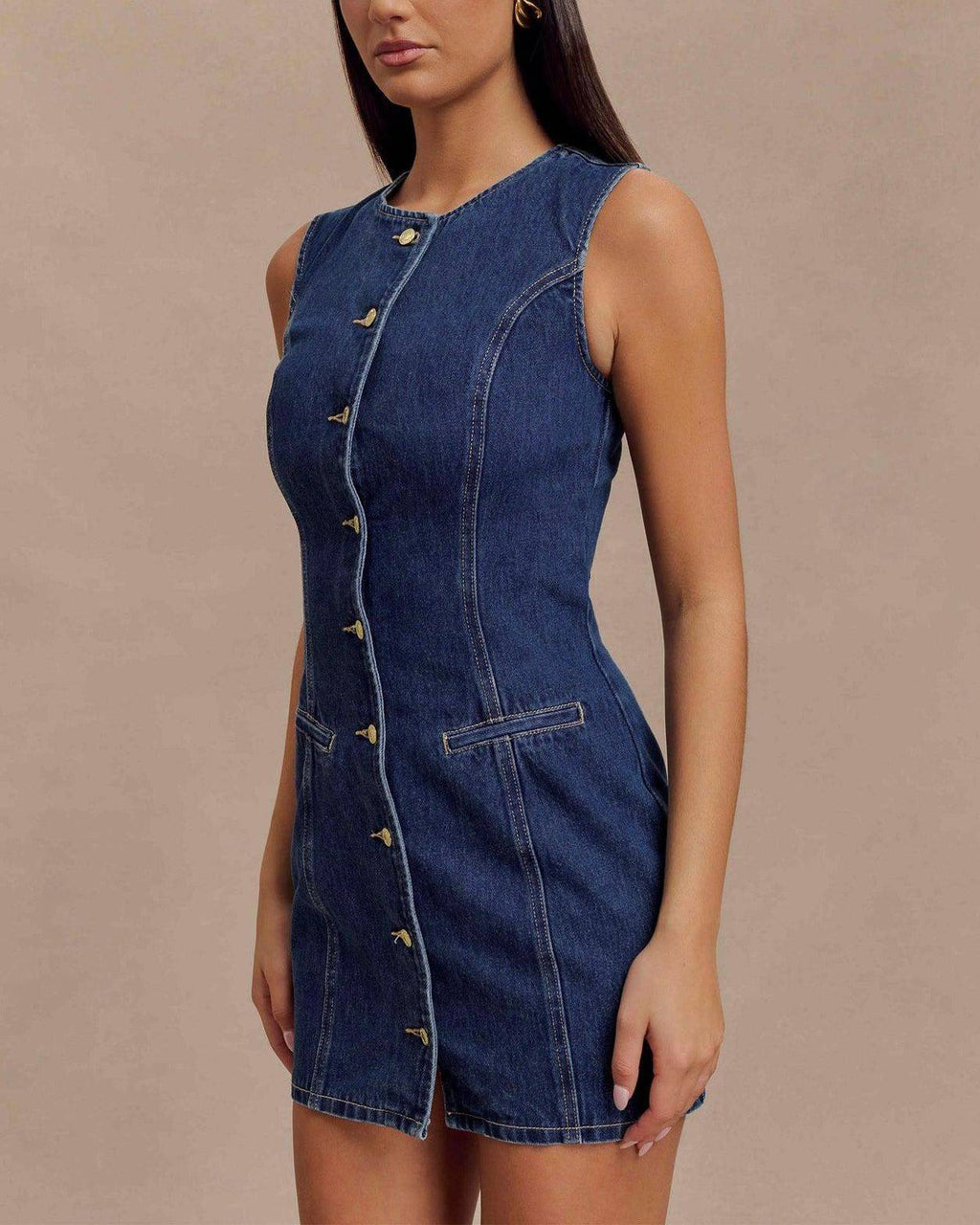 Seamed Button Through Denim Mini Dress - Blue - 4