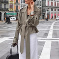 Olive Belted Buckle Cuff Short Trench Coat - Olive