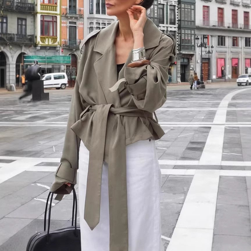 Olive Belted Buckle Cuff Short Trench Coat - Olive