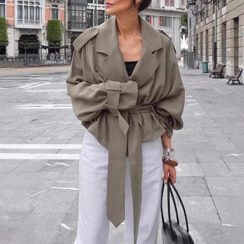 Olive Belted Buckle Cuff Short Trench Coat