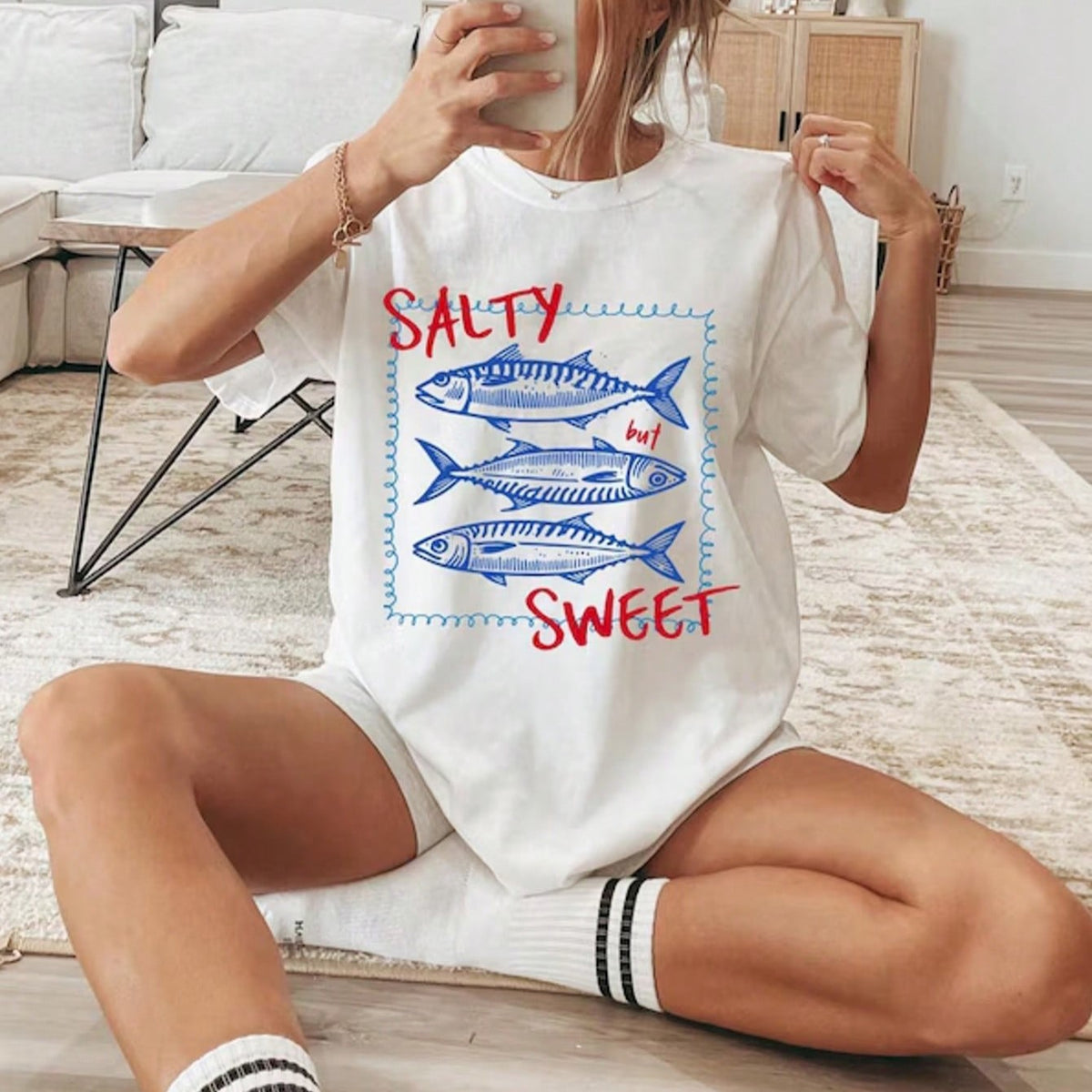 Coastal Fish Print Oversized Short Sleeve Tee - White