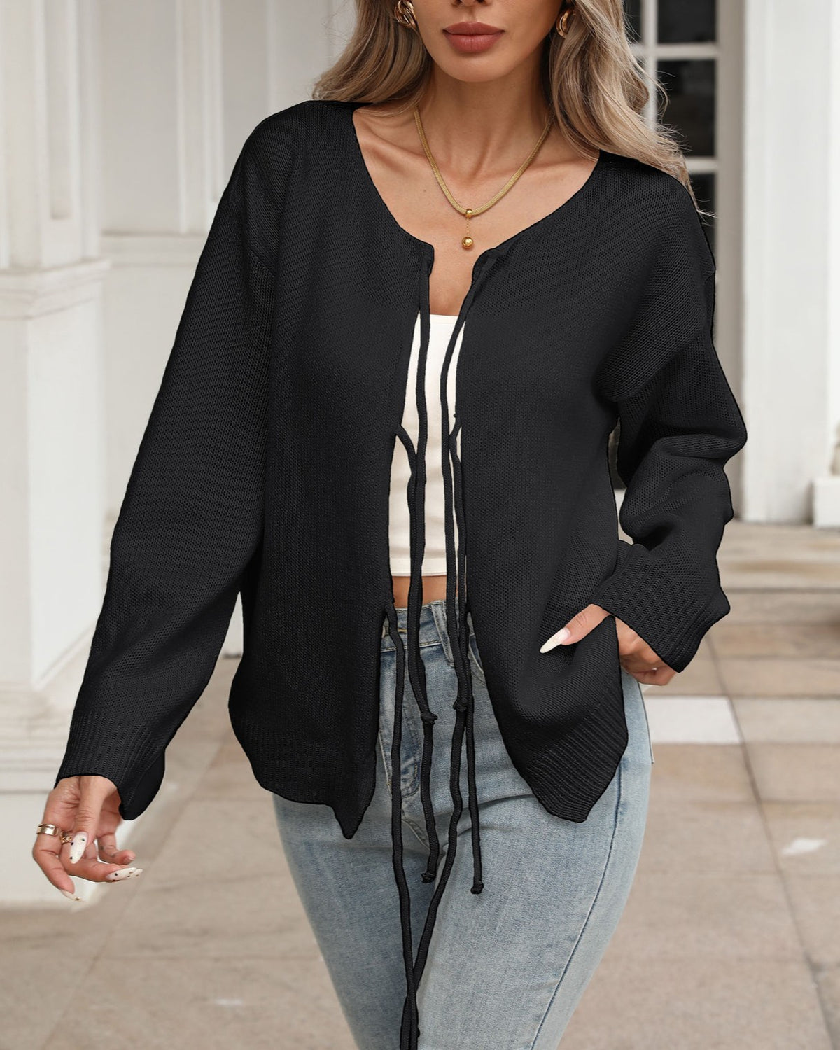 Tie Front Bow Detail Knit Cardigan - Black
