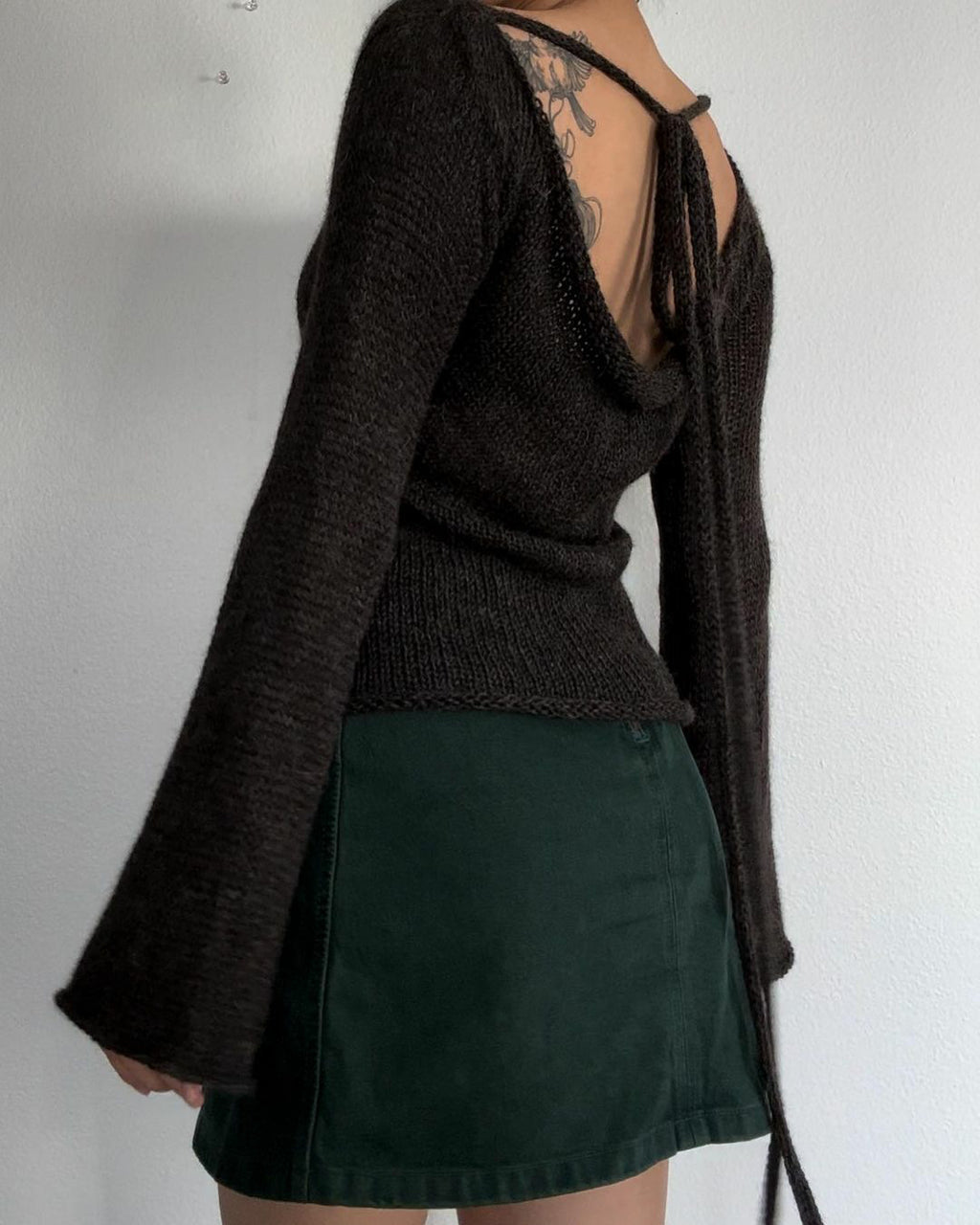 Bell Sleeve Backless Tie Knit Top - Black