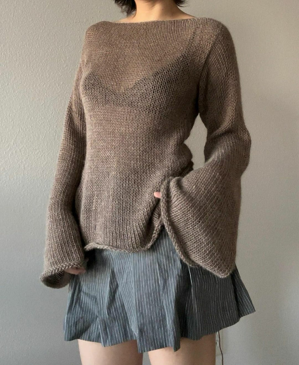 Bell Sleeve Backless Tie Knit Top - Coffee