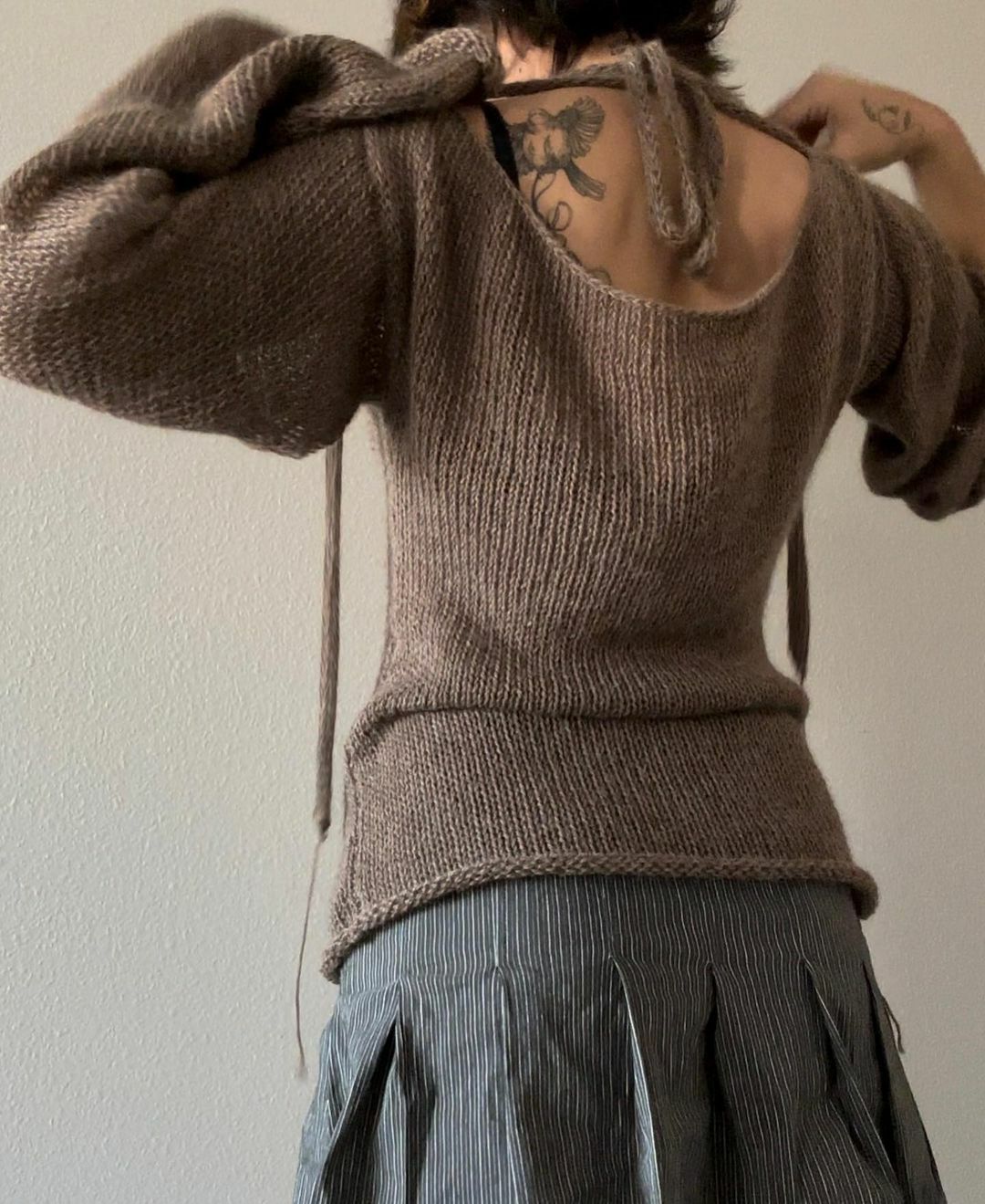 Bell Sleeve Backless Tie Knit Top - view 1