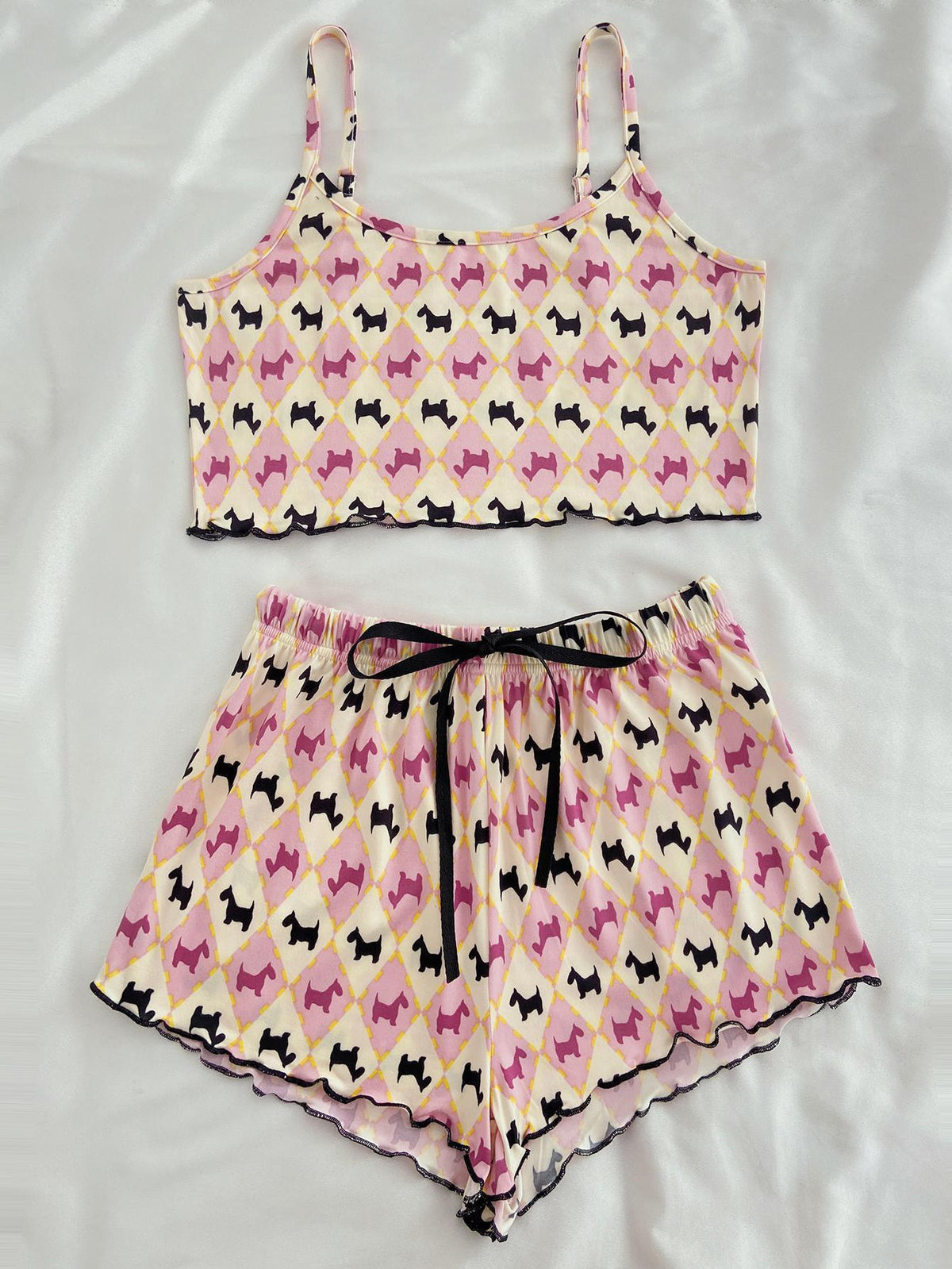 Scottie Dog Print Ruffle-Trim Cami & Shorts Lounge Set - Pink
