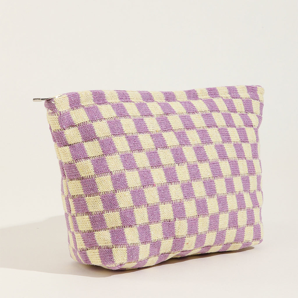 Large Checkered Knit Makeup Bag - Yellow