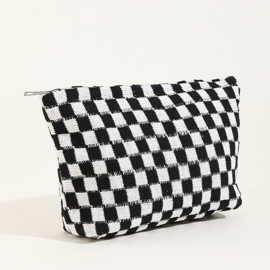 Large Checkered Knit Makeup Bag - black