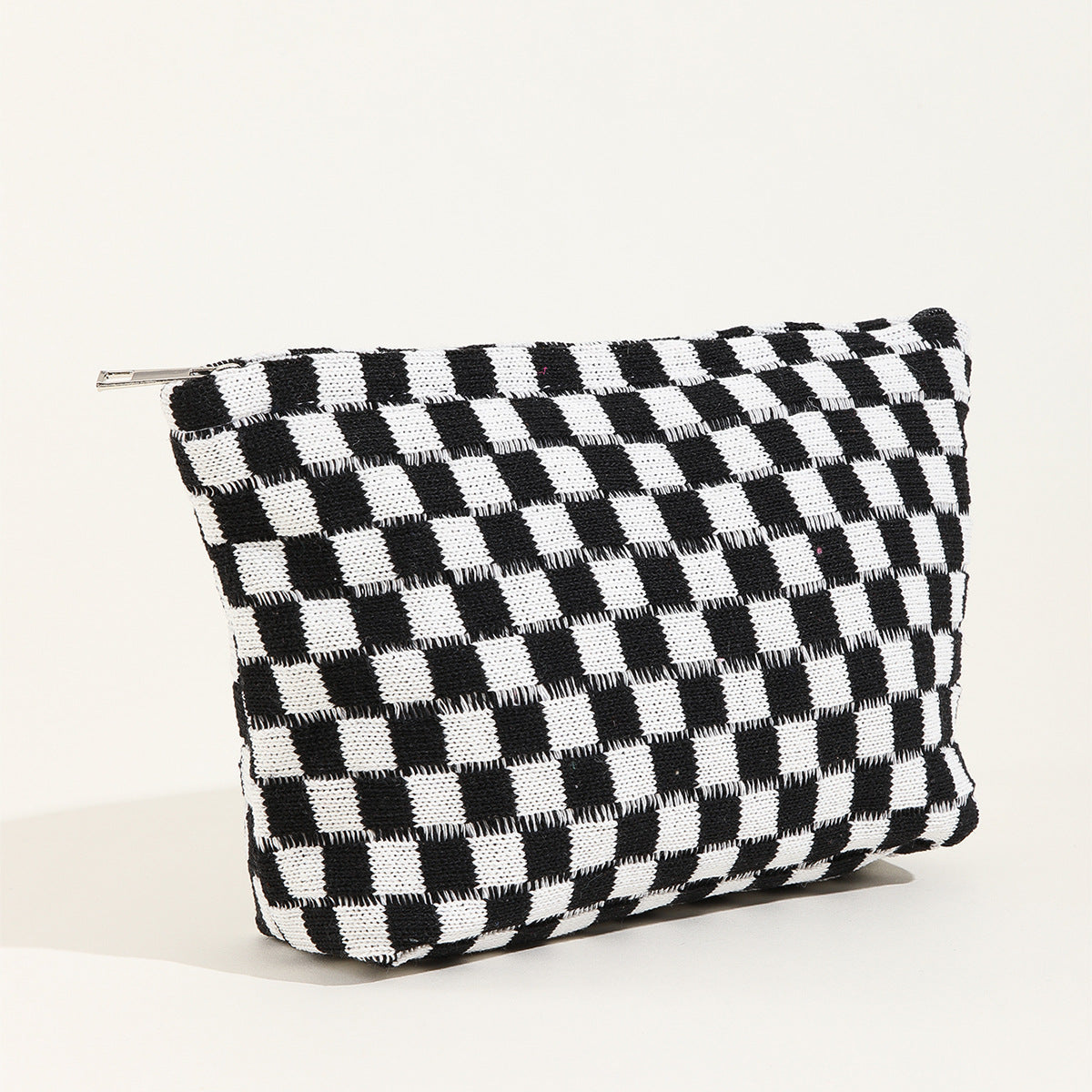 Large Checkered Knit Makeup Bag - black