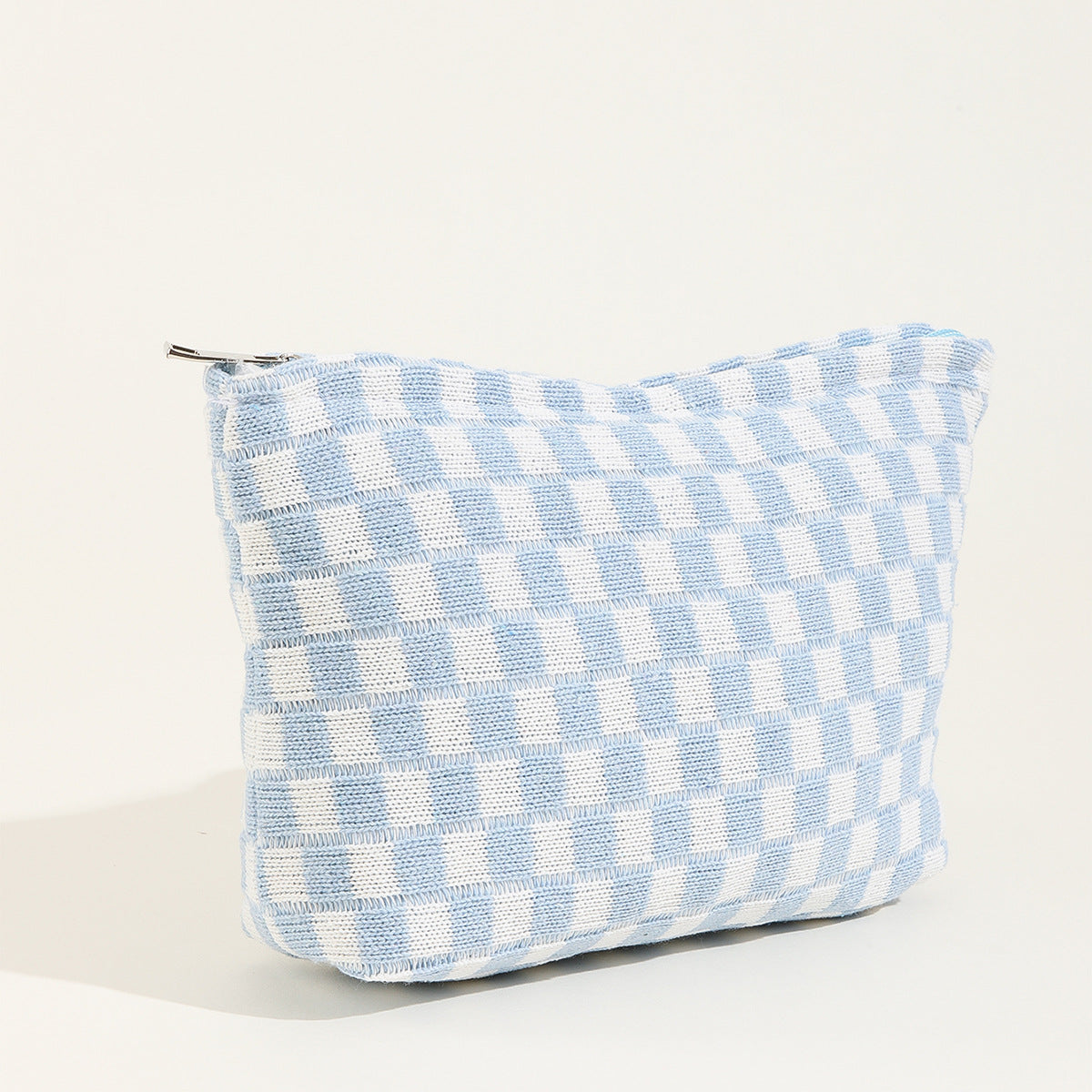 Large Checkered Knit Makeup Bag - blue