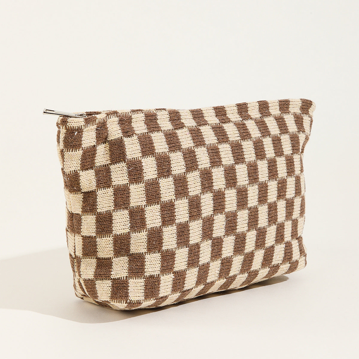 Large Checkered Knit Makeup Bag - coffee