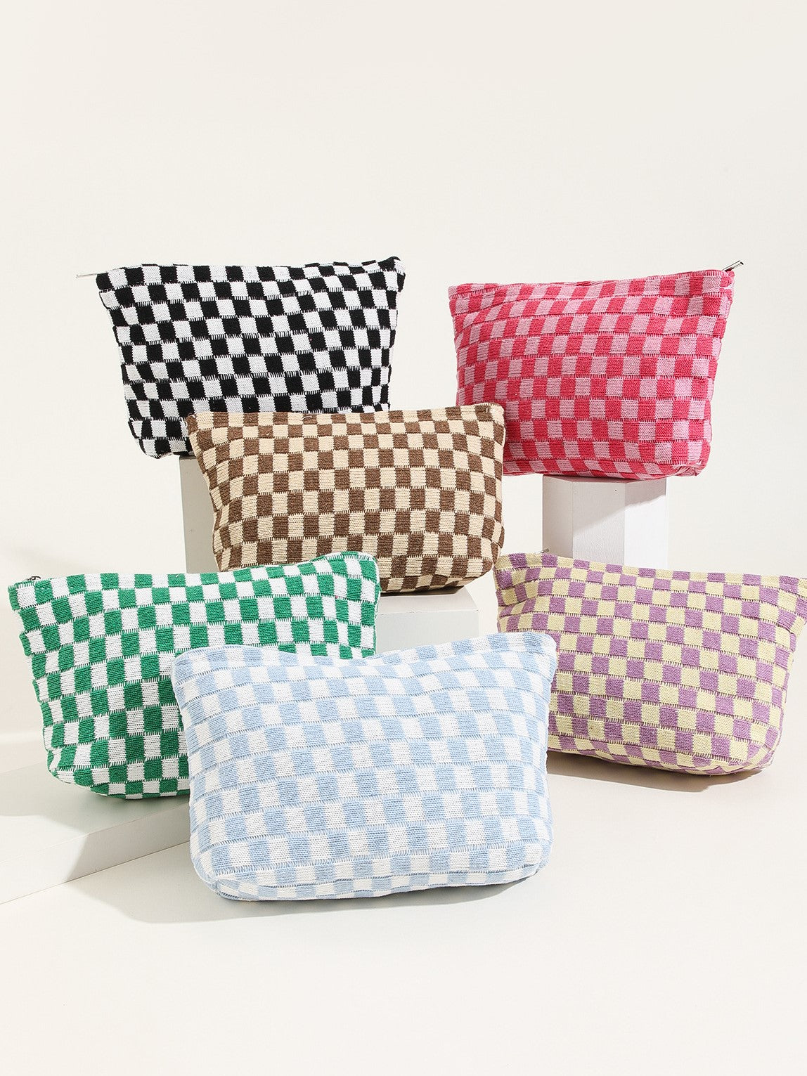 Large Checkered Knit Makeup Bag