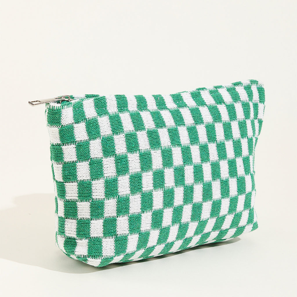 Large Checkered Knit Makeup Bag - green