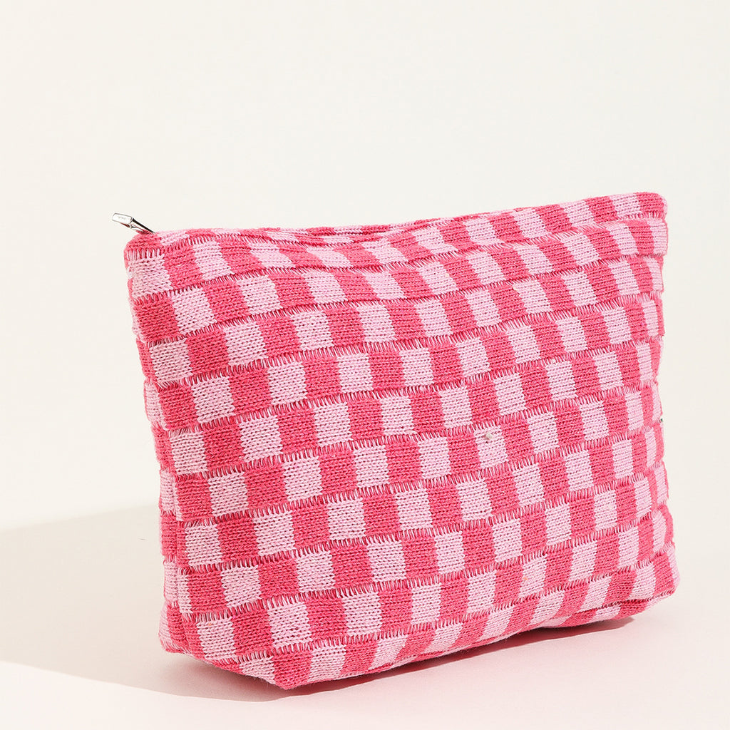 Large Checkered Knit Makeup Bag - pink