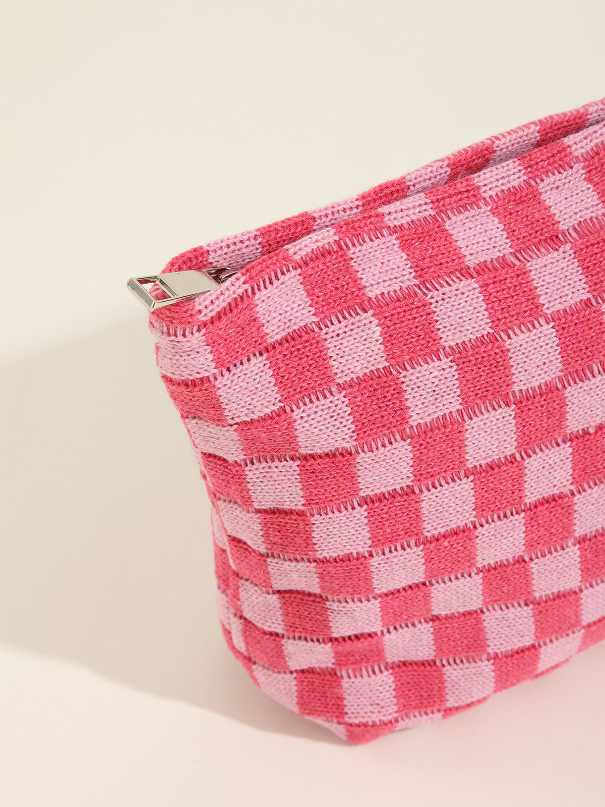 Large Checkered Knit Makeup Bag - pink - 1